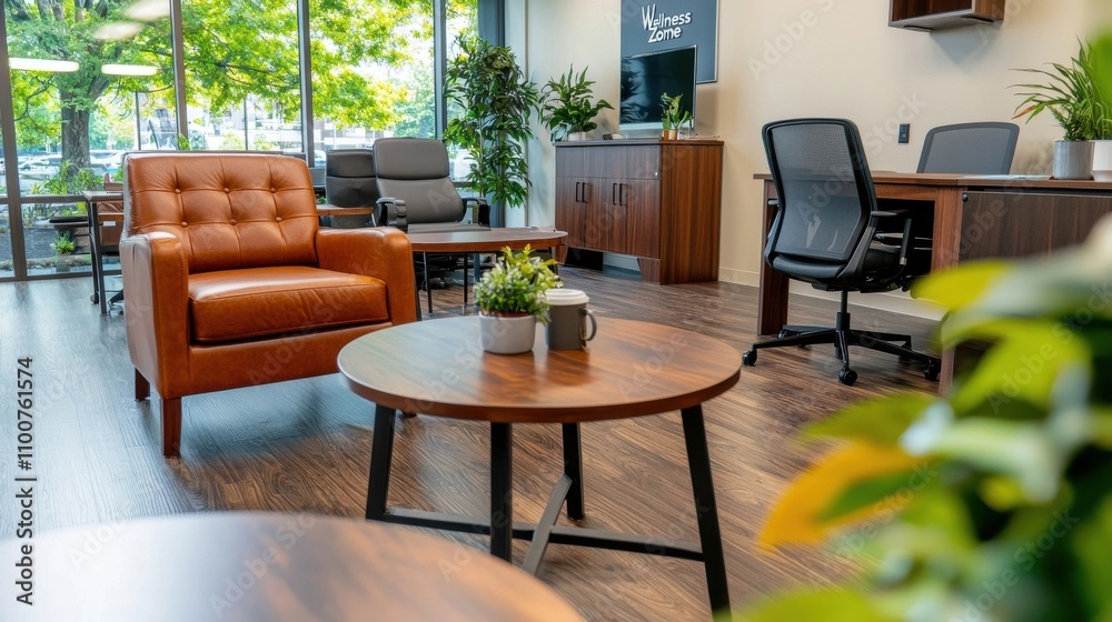 Fototapeta premium Cozy and Sophisticated Office Space with Modern Furniture and Natural Elements Bright airy room with comfortable chairs wooden table