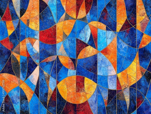 Abstract Stained Glass, geometric patterns in shades of blue and orange on a dark background