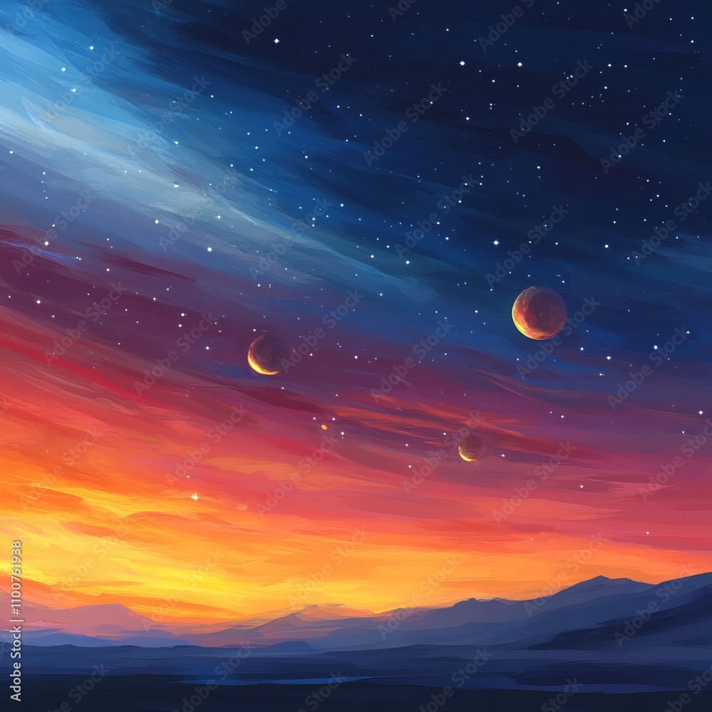 Vibrant sunset with planets and stars over a silhouetted landscape. Vibrant sunset with planets and stars over a silhouetted landscape.