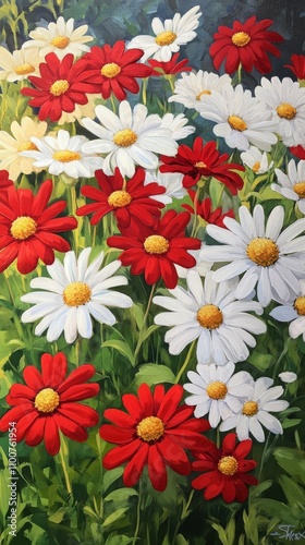 A vibrant garden filled with red, white, and yellow daisies in full bloom photo