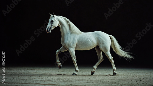 Majestic white horse gracefully trotting in dark arena, showcasing elegance and strength. smooth mane and powerful stance create captivating scene photo