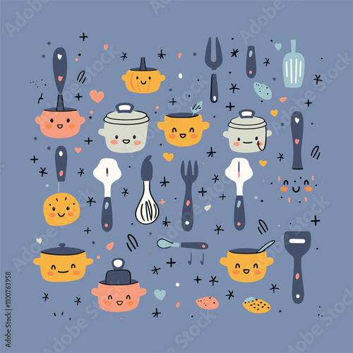 Cute cooking tools vector vinyl sticker mascot collection
