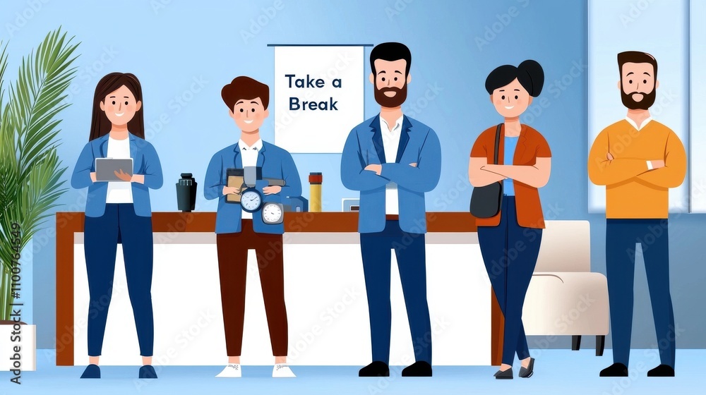 Obraz premium A group of diverse business professionals taking a casual break in their modern office workspace with laptops tablets and smartphones They are engaged in strategy planning during their coffee break