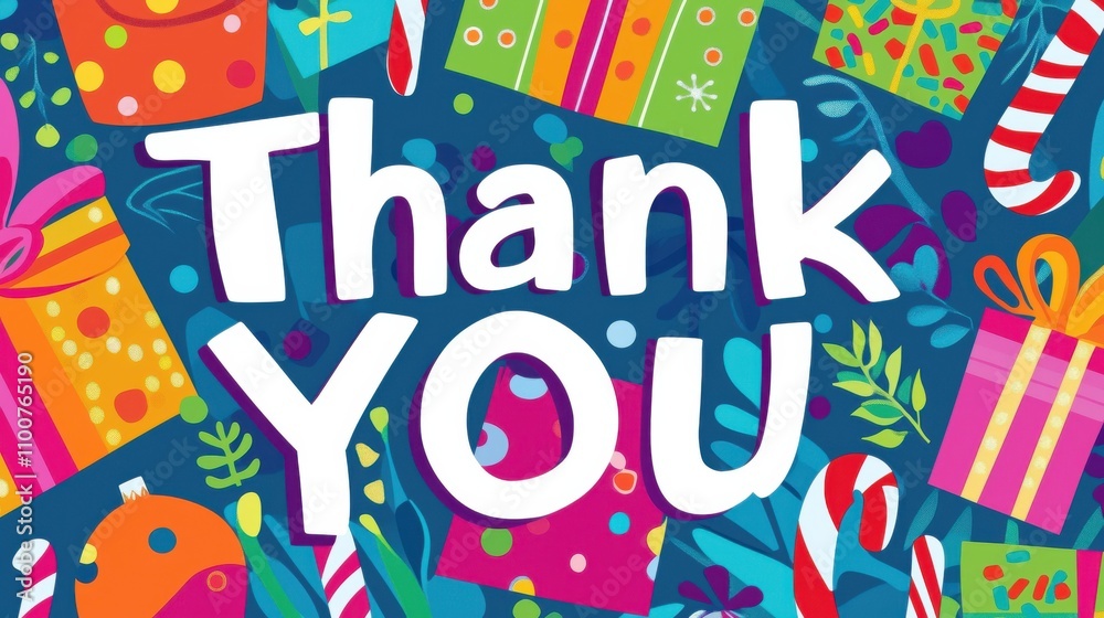 Thank-you card with colorful presents and vibrant candy canes on blue background Thank-you card with colorful presents and vibrant candy canes on blue background