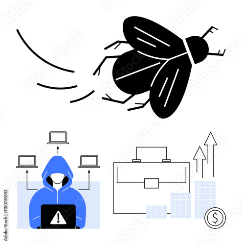 Image with a hacker in blue hoodie with laptop, a bug, a briefcase with financial growth graph and coin stacks. Ideal for cybersecurity, hacking, malware, business, finance, technology phishing