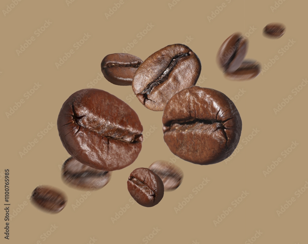 Fototapeta premium Aromatic roasted coffee beans in air on dark beige background