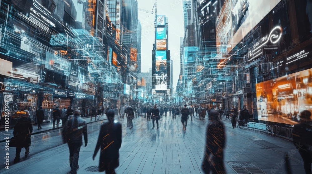 Obraz premium Futuristic city street with digital overlays and blurred crowds.