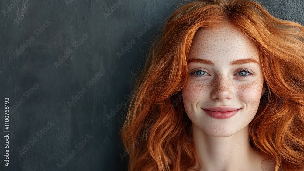 Fototapeta premium Smiling red-haired woman with freckles against dark background