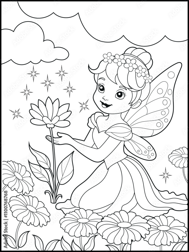Fototapeta premium Fairy coloring pages for kids. Children's coloring books with cute fairy cartoon characters. Black-and-white printable coloring sheet for kindergarten. 