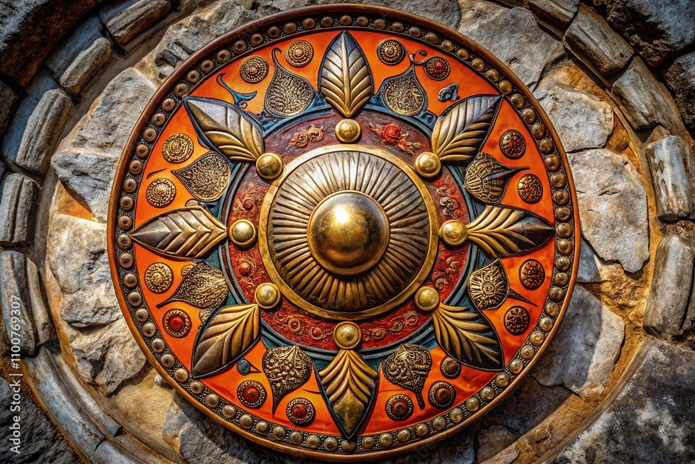 Fototapeta premium Striking Overhead View of an Ancient Hoplite Shield on a Clear Background Capturing the Essence of Historical Warfare and Greek Military Artifacts for Urban Exploration Photography