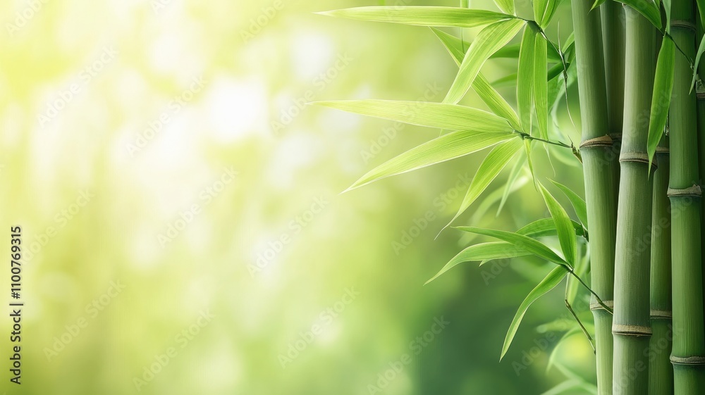 Fototapeta premium Green bamboo stems and leaves with blurred natural background