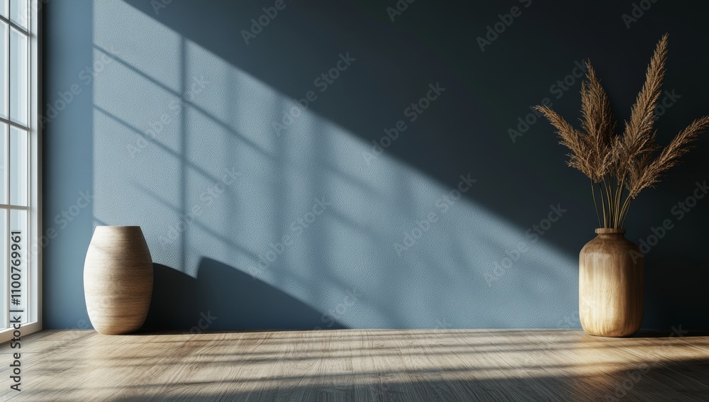 Minimalist interior design with a vase of dried pampas grass and a wooden vase against a blue wall with sunlight streaming through a window. Minimalist interior design with a vase of dried pampas grass and a wooden vase against a blue wall with sunlight streaming through a window.