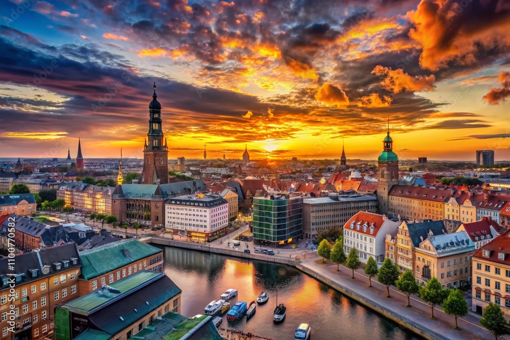 Obraz premium Stunning Aerial View of Copenhagen City Skyline Silhouette at Dusk, Capturing the Beauty and Architectural Diversity of Denmark's Capital with Vibrant Colors and Dynamic Composition