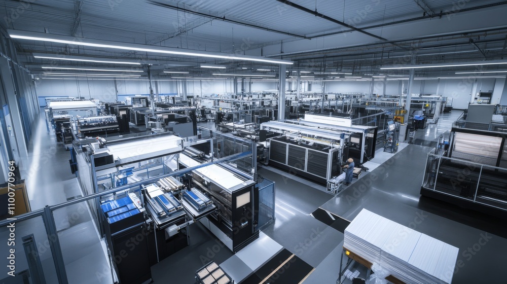 Obraz premium A robot assisting with automated bookbinding in a modern printing and publishing facility with clean, organized bookbinding stations and advanced binding equipment, Bookbinding tech style