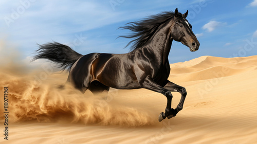 majestic black horse gallops through golden sand dunes, creating dramatic scene of speed and freedom under bright blue sky