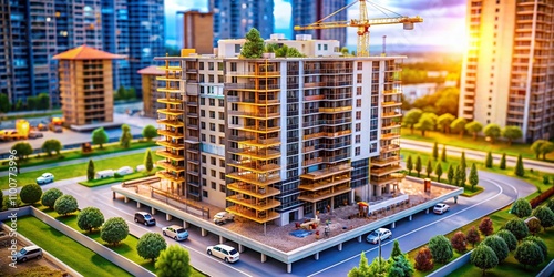 Stunning Drone Photography of a Modern Multifloor Residential Building Under Construction, Showcasing a Miniature Model and Real Estate Investment Infrastructure Progress in Infographic Style photo