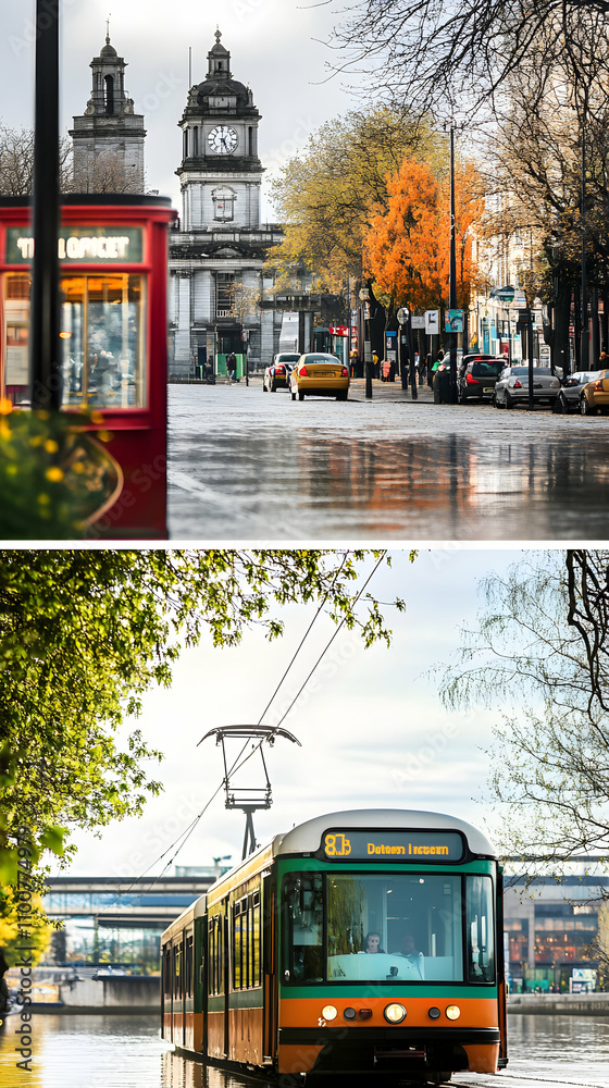 Obraz premium Autumnal Cityscape, Tram Rides Through Flooded Streets Past Historic Clock Tower