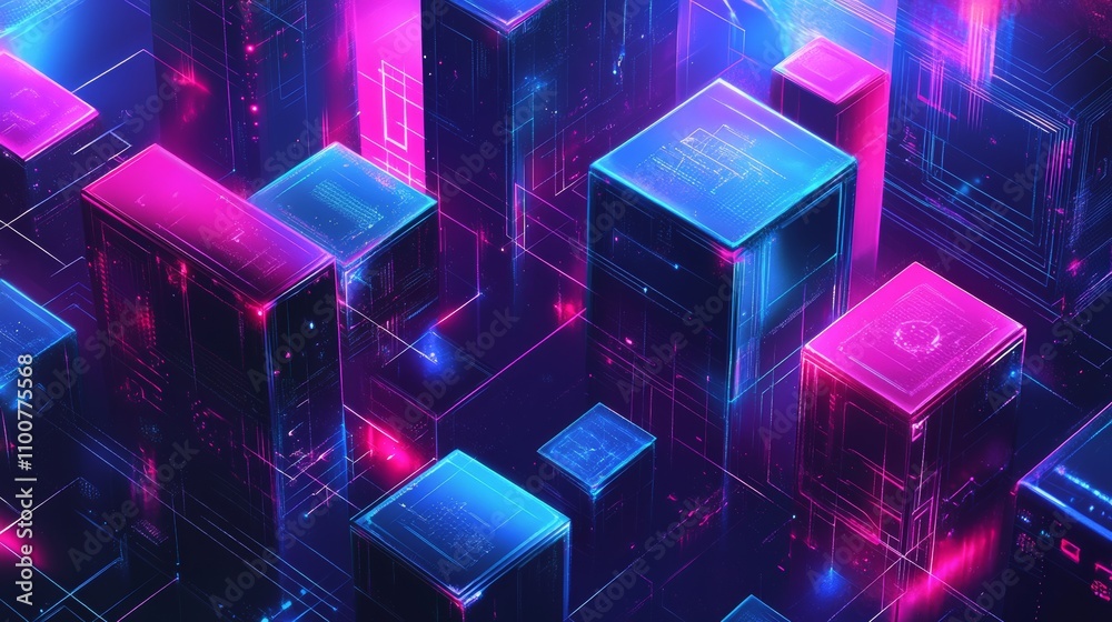 modern background for a video demonstration of artificial intelligence technology with abstract shapes and red, blue, and pink glass blocks. modern background for a video demonstration of artificial intelligence technology with abstract shapes and red, blue, and pink glass blocks.