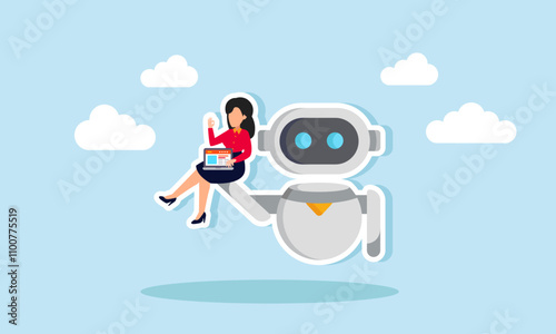 A businesswoman lifted by AI robot, working on a laptop, illustration of implementing AI programs to make AI an assistant for work efficiency and effectiveness