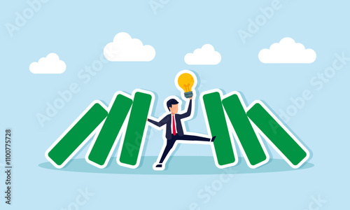 A businessman holds up falling blocks while saving a lamp, illustration of rescuing business ideas and innovations from business challenges