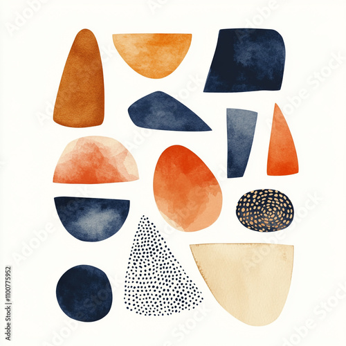 A minimalistic and artistic composition featuring abstract watercolor shapes in earthy tones. The design includes irregular geometric forms 