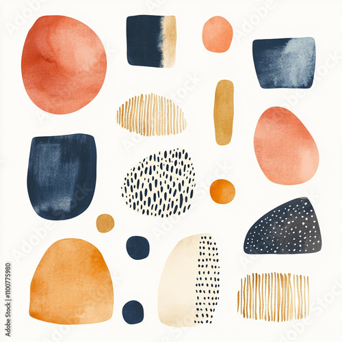 A minimalistic and artistic composition featuring abstract watercolor shapes in earthy tones. The design includes irregular geometric forms 