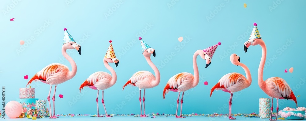 Obraz premium Flamingos Celebrating in Colorful Party Hats