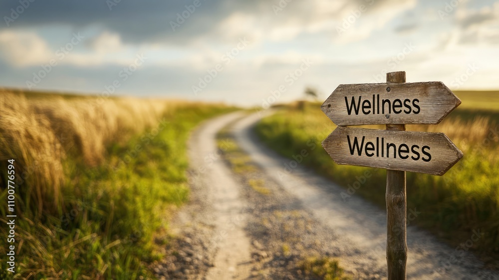 Rustic signpost pointing to wellness along dirt path in serene countryside landscape Rustic signpost pointing to wellness along dirt path in serene countryside landscape