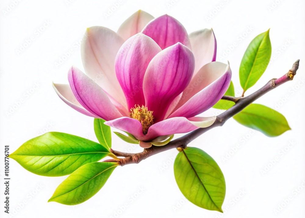 Obraz premium Stunning Magnolia Liliiflora Flower on Branch with Leaves Isolated on White Background for Nature and Floral Photography Projects