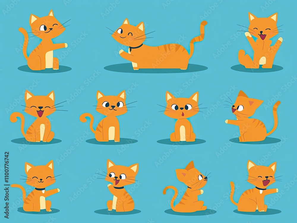 Fototapeta premium Cartoon set of funny adorable orange cat expression and poses v5