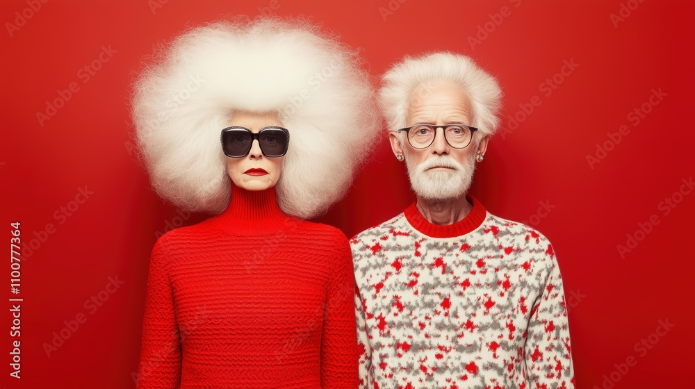 Fototapeta premium Stylish Senior Couple in Vibrant Red Fashion, Featuring Bold Knitwear, Oversized Sunglasses, and Iconic Hairstyles