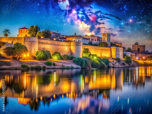 Stunning Night Photography of Badajoz Fortification Highlighting Ancient Architecture and Starry Skies Over the Historic Cityscape, Perfect for Travel and Cultural Imagery photo