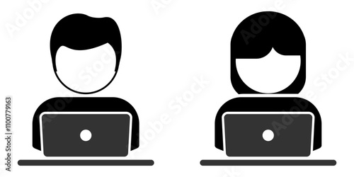 laptop user or notebook profile, user avatar with two gender, job meeting, studying or working icon vector