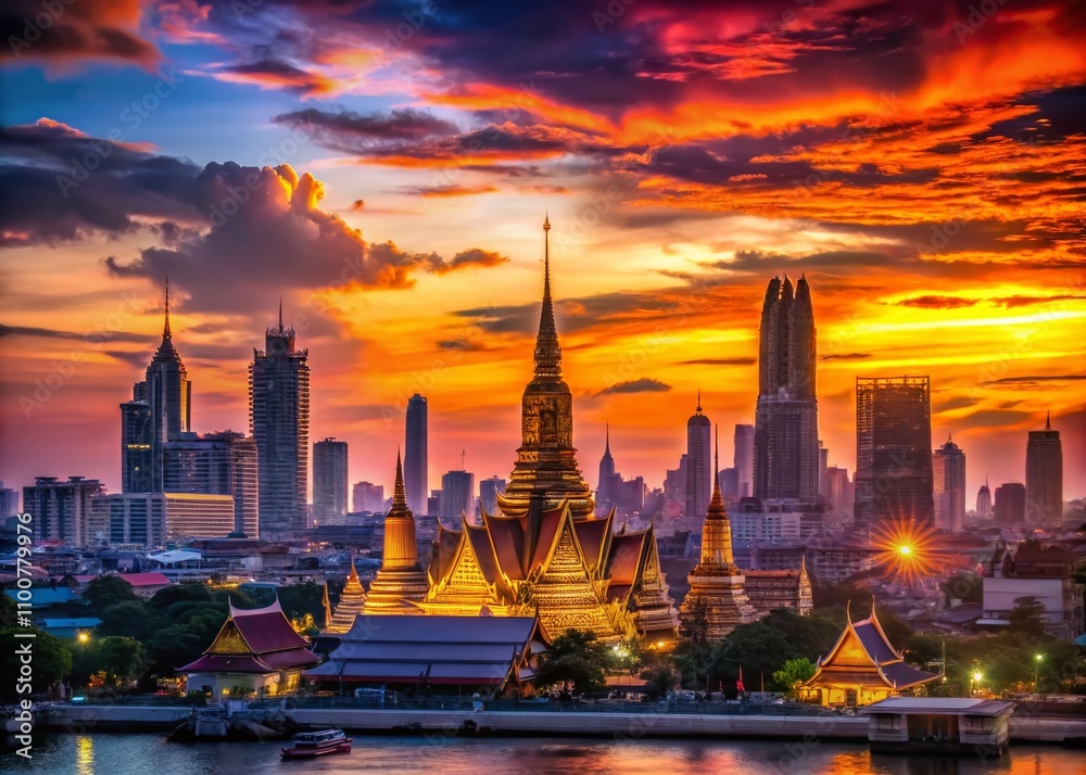 Obraz premium Stunning Silhouette Photography of Bangkok's Skyline at Sunset, Capturing Iconic Landmarks Against a Dazzling Colorful Sky in Thailand's Vibrant Capital City