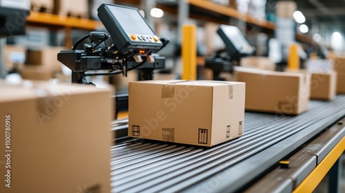 Wallpaper Mural Efficient scanning and sorting of packages on an automated conveyor belt in a modern warehouse environment Torontodigital.ca