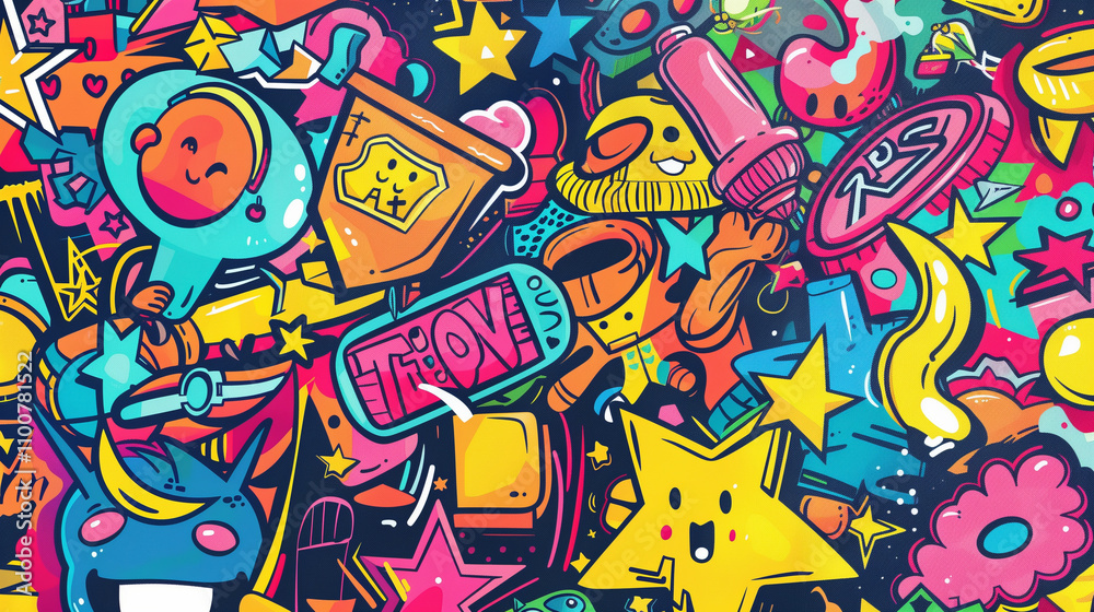 Fototapeta premium Colorful hand drawn toy doodles, whimsical collage of iconic pop art, seamless pattern --ar 16:9 Job ID: 2be4ced3-e5ab-4bc7-9174-ba3ba26952cf