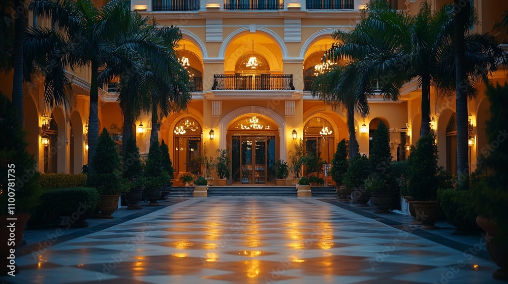 Obraz premium Illuminated hotel entrance at night.