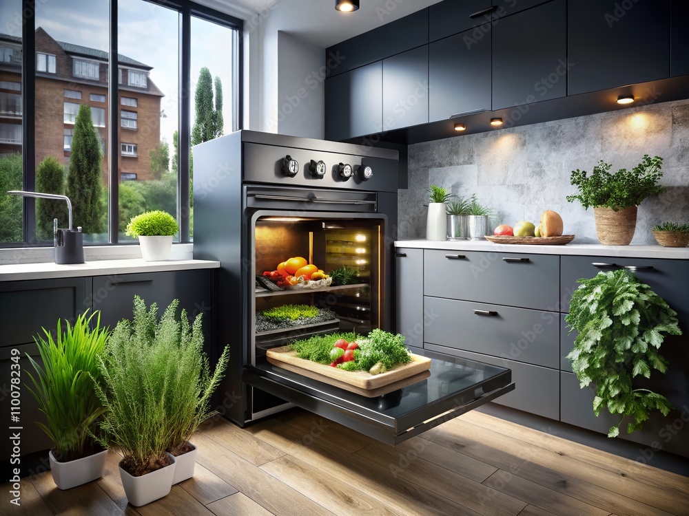 Stylish Black Oven with Open Door in Modern Kitchen Featuring Double Exposure Photography of Culinary Ingredients and Cooking Utensils for a Contemporary Home Aesthetic Stylish Black Oven with Open Door in Modern Kitchen Featuring Double Exposure Photography of Culinary Ingredients and Cooking Utensils for a Contemporary Home Aesthetic