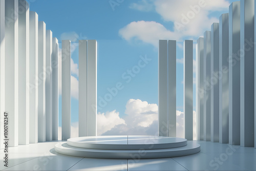 Grille architectural space booth of the art center under blue sky and white clouds