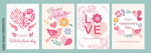 Geometric vector design for a Valentine's card set. A cute and pop illustration of hearts, flowers and birds as a Valentine-themed frame.