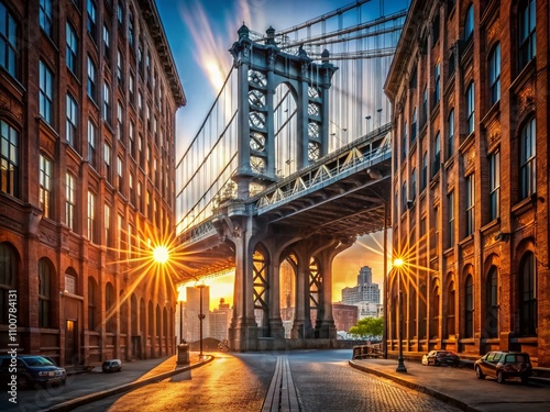 Sunlight Streaming Through the Pillars of Manhattan Bridge in Dumbo, Brooklyn, Capturing the Essence of New York City with Vibrant Urban Scenery and Architectural Beauty photo