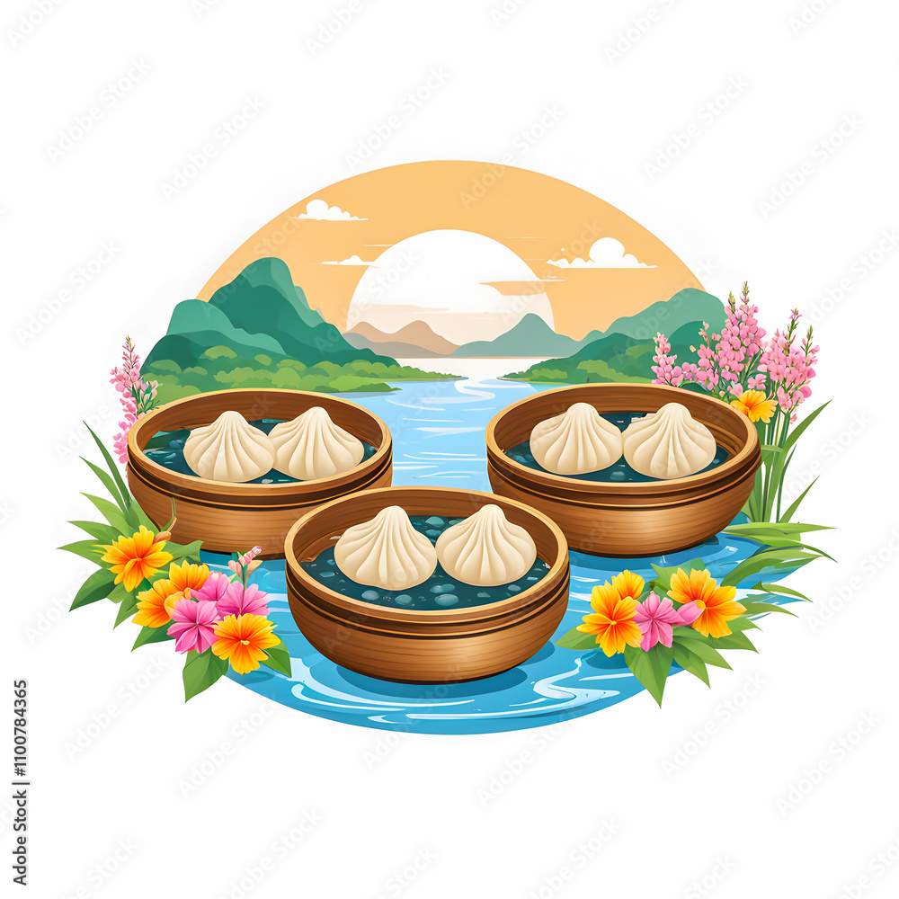 Fototapeta premium illustration of Steamed baozi dumplings in round bamboo steamers near river surrounded by colorful flowers on white background.