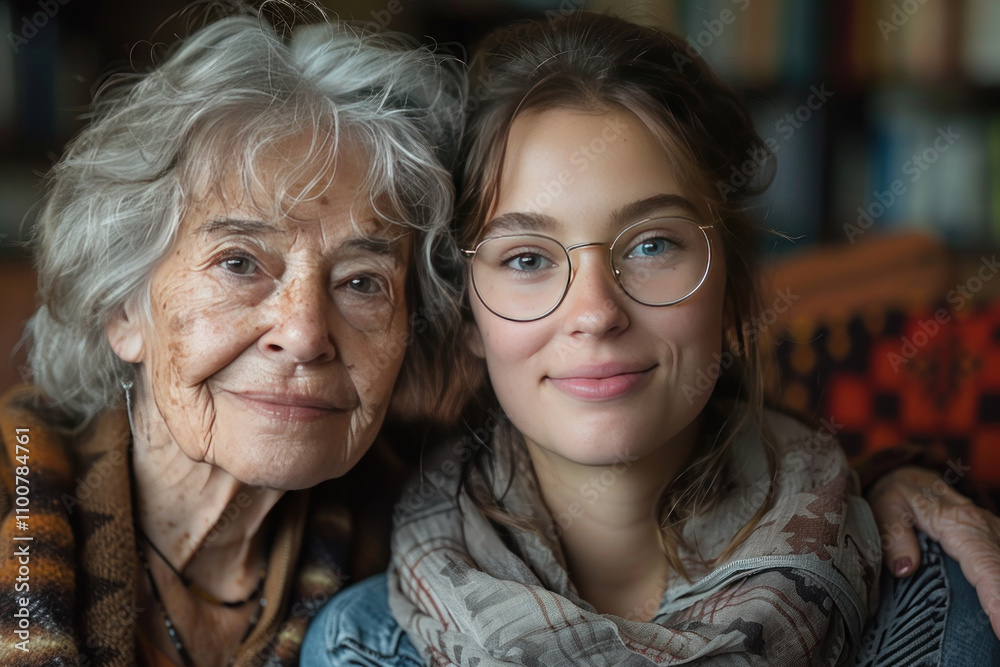 Portrait of an elderly woman with her daughter at home,. Portrait of an elderly woman with her daughter at home,.