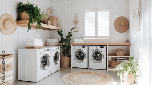 Minimalist white laundry room featuring natural wood accents and lush green plants