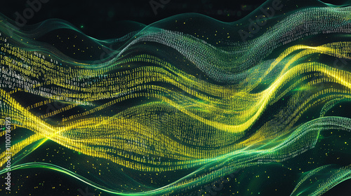 Flowing stream of binary code in green and yellow hues, representing data transfer and technology


