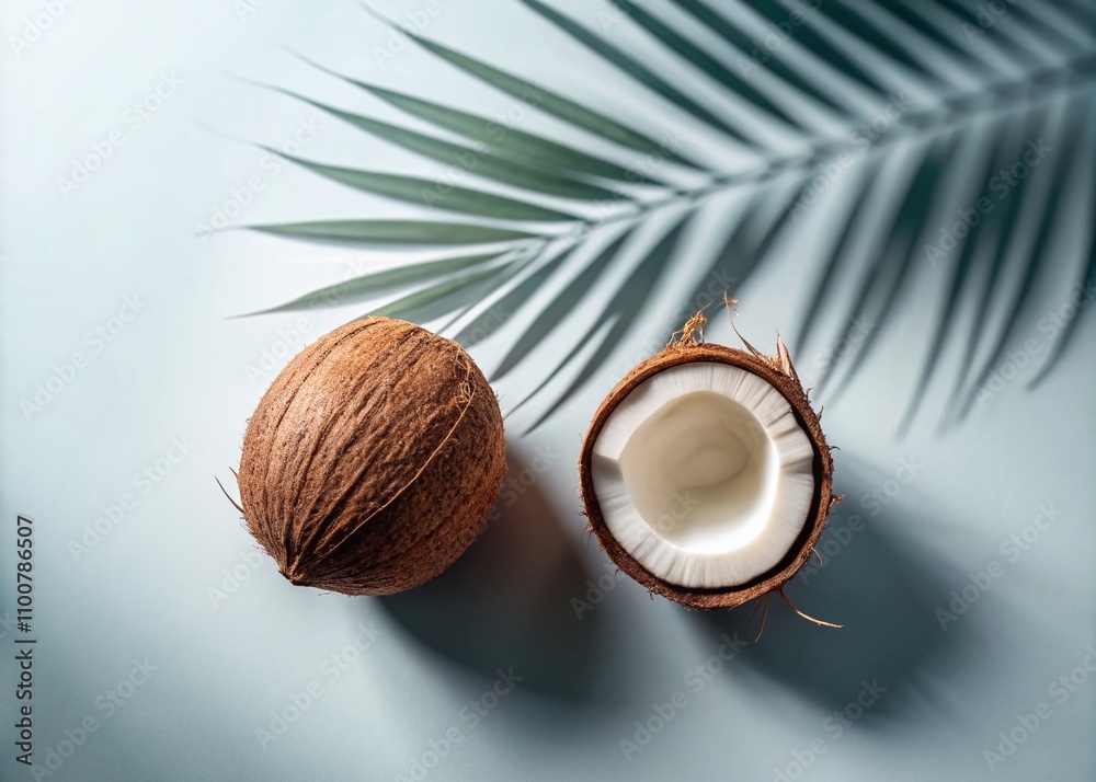 Surreal Coconut Composition: Isolated Tropical Fruits with and without Peel on White Background, Showcasing Nature's Contrast in a Unique Flat Lay Arrangement