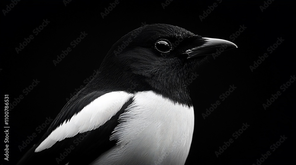 Obraz premium Black and white close-up of a magpie against a dark background.