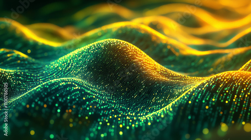Flowing stream of binary code in green and yellow hues, representing data transfer and technology


