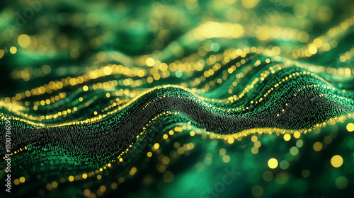 Flowing stream of binary code in green and yellow hues, representing data transfer and technology


