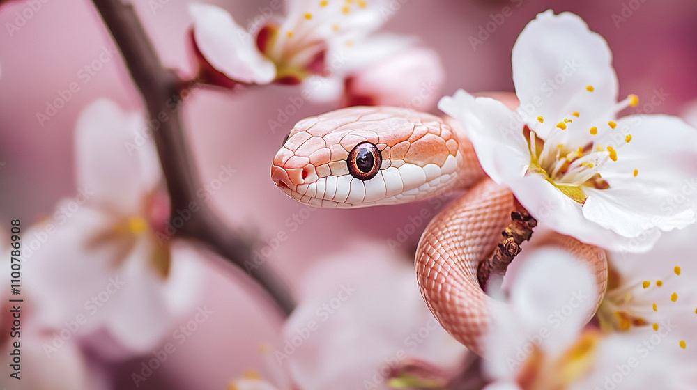 Obraz premium 桜の木にとまる蛇 Generative AI